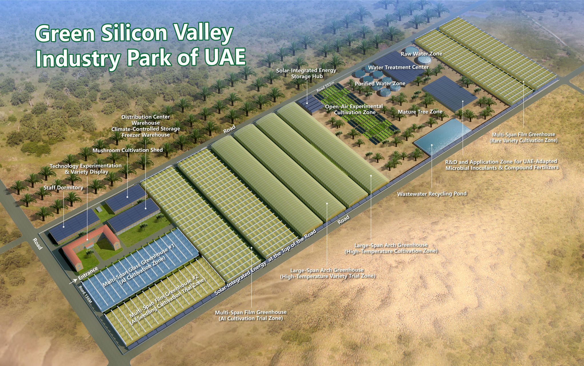 Aerial master plan of the Green Silicon Valley Industry Park with greenhouse blocks, water treatment centre and solar arrays